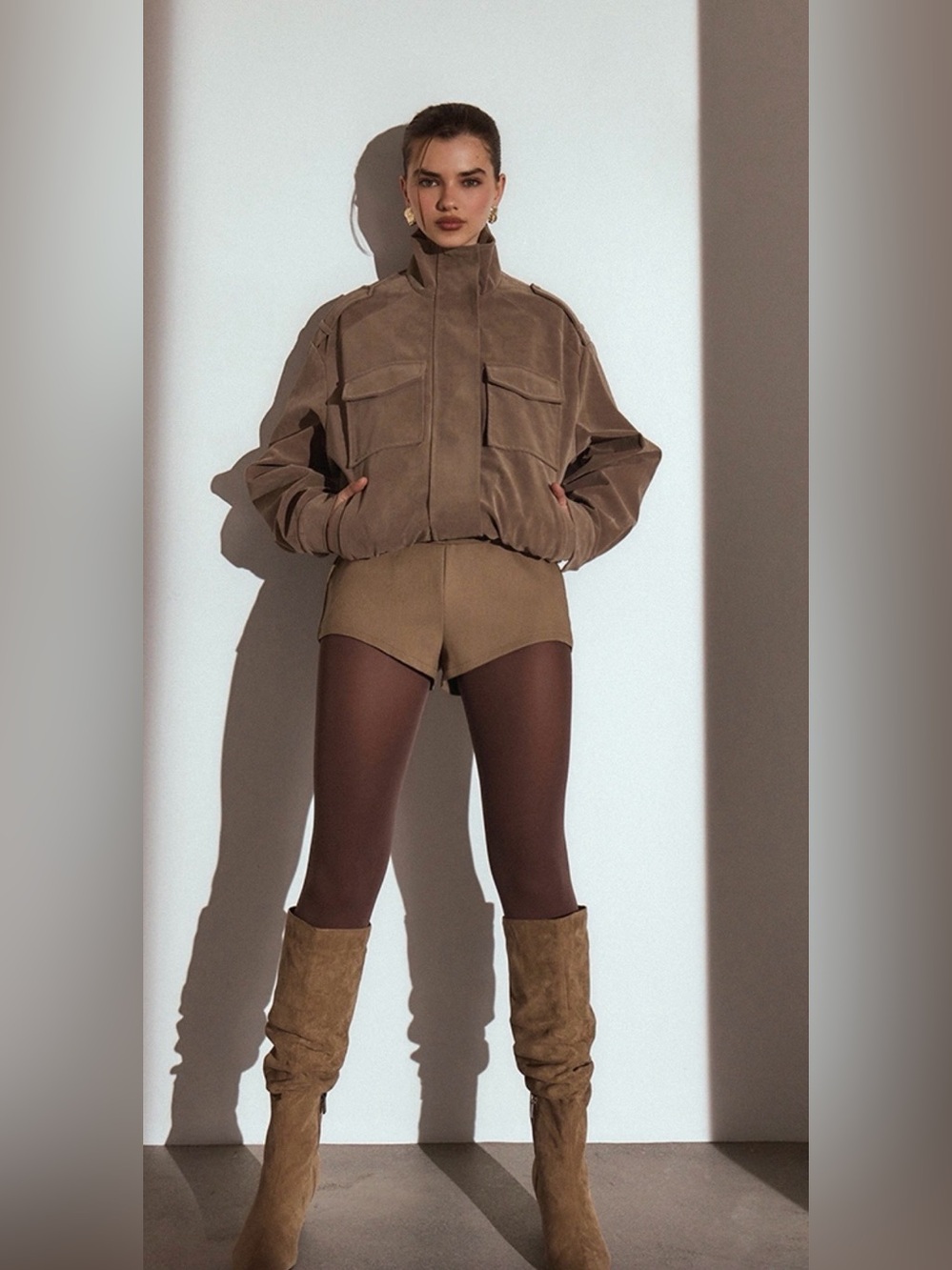 PrettyLittleThing Funnel Neck Faux Suede Jacket